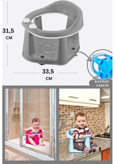 Flosoft Vakumlu Bebek Banyo & Mama Oturağı + Silicolife 2 Adet Silikon Mama Kaşığı Hediye Gri
