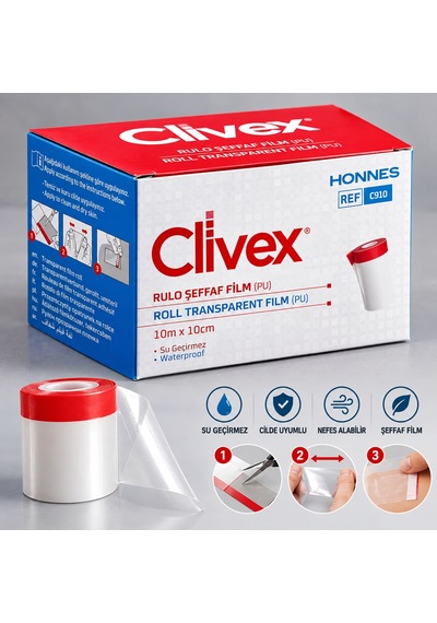 Clivex Rulo Şeffaf Film Pu 10 Cm X 10 M Su Geçirmez, Esnek, Şeffaf Cilt Koruyucu Film