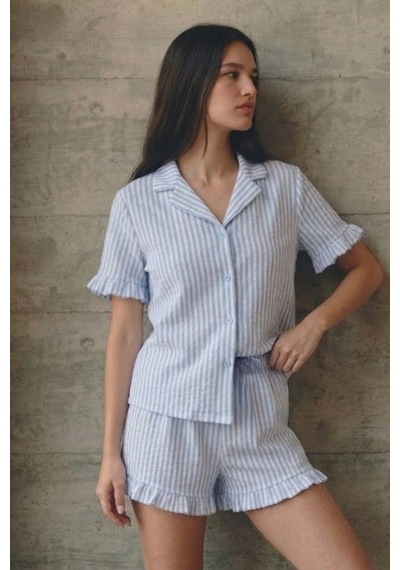 Kadın V Yaka Comfort Fit Mavi Pijama Takımı