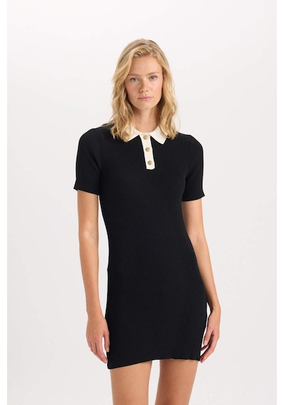 DeFacto A Kesim Polo Yaka Basic Düz Ribana Görünümlü Viskon Kısa Kollu Mini Elbise D3477AX24AUBK27 Siyah DeFacto A Kesim Polo Yaka Basic Düz Ribana Görünümlü Viskon Kısa Kollu Mini Elbise D3477AX24AUBK27 Siyah