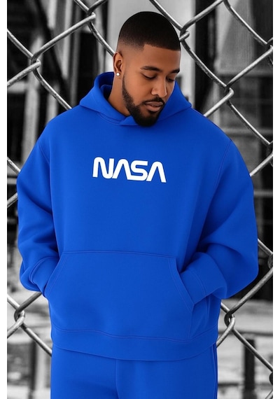 Benroma 3 İplik Penye Nasa Baskılı Büyük Beden Sweatshırt Saks Mavisi