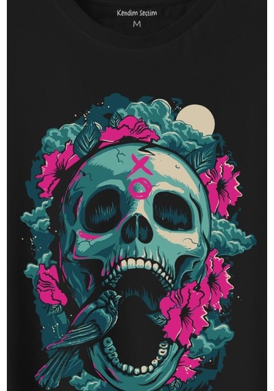 Sugar Skull Skeleton Rose Kuru Kafa Gül Baskılı Tişört Unisex T-shirt 001