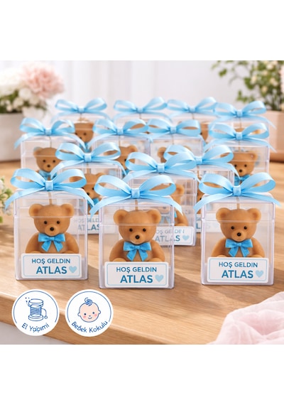 Hediyelik Ayıcık Mum Erkek Bebek Mavi Kurdeleli, Bebek Kokulu, Etiketli Mevlüt & Baby Shower Hediyesi 10 Adet Kahverengi