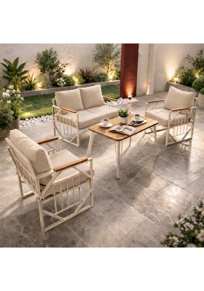 Violet Krem 2+1+1 Masalı Bej Bahçe Oturma Grubu Minderli Metal Ahşap Detaylı Balkon Teras Takımı Bej Violet Krem 2+1+1 Masalı Bej Bahçe Oturma Grubu Minderli Metal Ahşap Detaylı Balkon Teras Takımı Bej