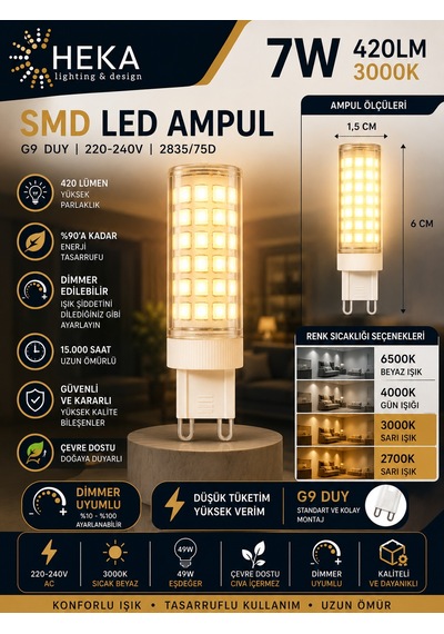 1 Adet Heka 7w Günışığı 3000k G9 Duylu Dim Edilebilir Led Kapsül Ampul