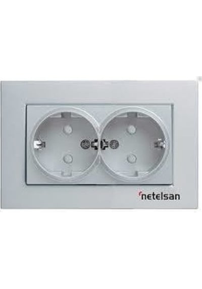 Netelsan Byobu Gümüş İkili Topraklı Priz Çerçeveli