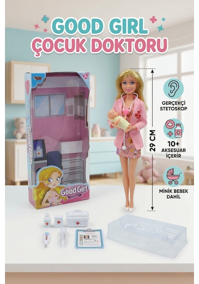Oyuncak Doktor Seti - Minik Bebek Ve 10+ Parça Tıbbi Aksesuar Dahil - Eğitici Rol Yapma Oyuncak Pembe
