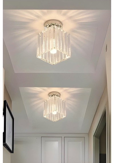 Meriva Model Modern Luxury Plafonyer Oda Hol Antre Koridor Salon Krom Kare Kristal Taşlı Avize Krom