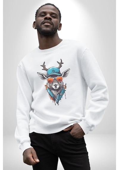 Güneş Gözlüğü Savaşcı Geyik Unisex Beyaz Baskılı Sweatshirt Beyaz