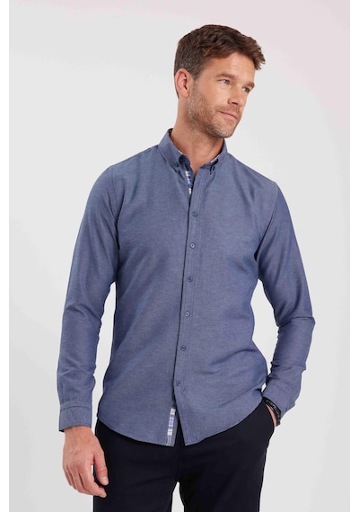 Tudors Erkek Slim Fit Dar Kesim Uzun Kollu Pamuklu Oxford Doku Lacivert Düğmeli Yaka Gömlek-15029 Lacivert