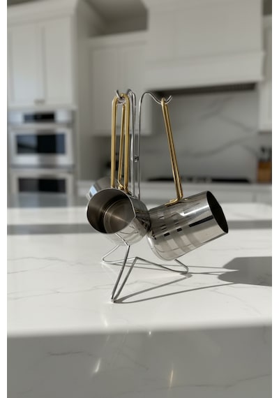 Paslanmaz Çelik Gold Kulp Detaylı Desenli Cezve Takımı Standlı