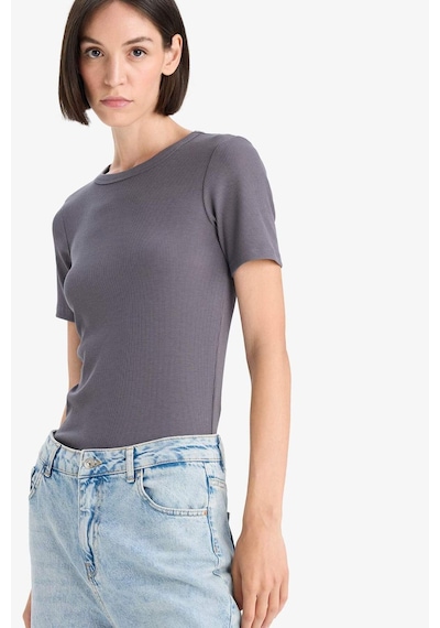 Defacto Slim Fit Dar Kesim Bisiklet Yaka Basic Düz Fitilli Kaşkorse Kısa Kollu Tişört C0097ax25augr448 Gri