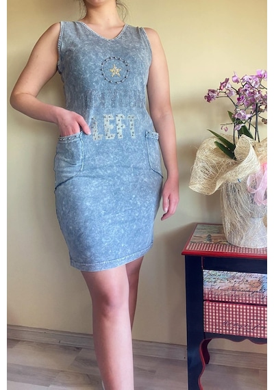 Mia Butik Kadın İtalyan Yıkamalı Kolsuz Gri Elbise-675 Gri