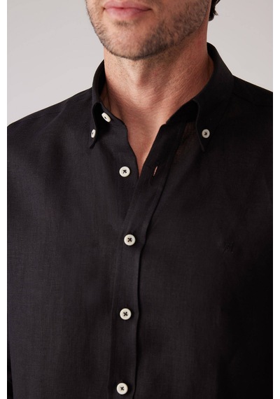Erkek Siyah Slim Fit Yaka Düğmeli %100 Keten Gömlek