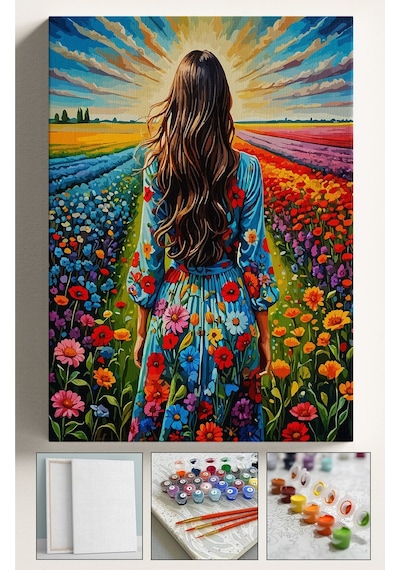 Sayılarla Boyama Çerçeveli Hobi Seti Numaralı Tuval Fırça Boya Dahil Kasnaklı 40x50 Cm Çiçek Tarlası