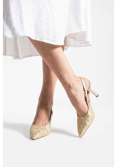 Lebibe Shoes Lısa Kadıngold Sivri Burun 7 Cm Topuklu Çiçek Dantel Desenli Rugan Slingback Ayakkabı Gold