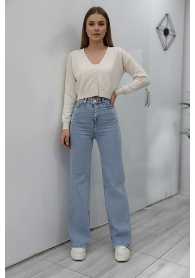 Woddi Nova Kadın Yüksek Bel Kar Yıkama Salaş Jeans Wide Leg Geniş Paça Palazzo Kot Pantolon Taş
