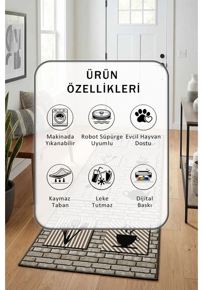 Ehl 268 Dijital Baskılı Kaymaz Yıkanabilir Yolluk Vizon
