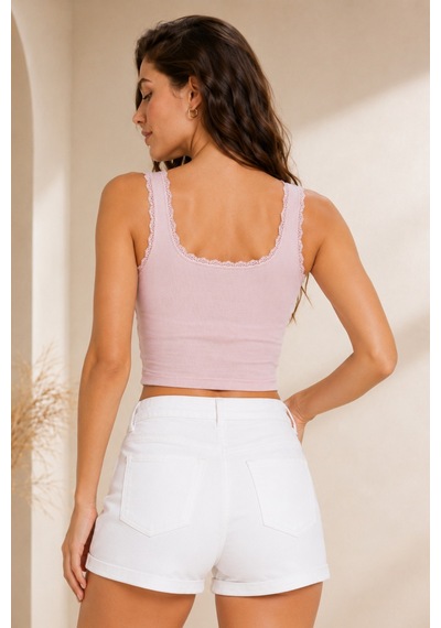 Loule Kadın Dantel Detaylı Fitilli Crop Top Pudra Pamuklu