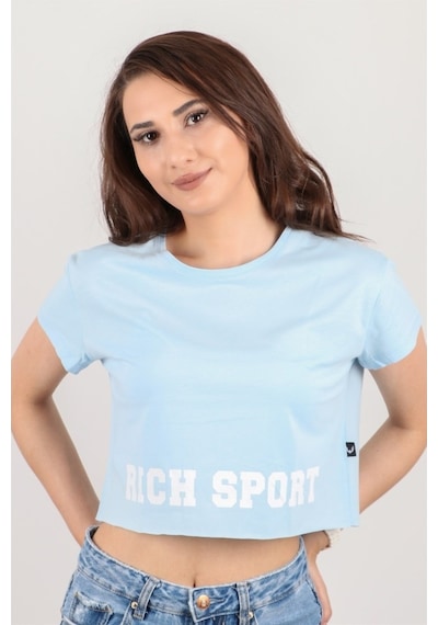 Rich Kadın Kısa Kollu Crop Bluz Mavi