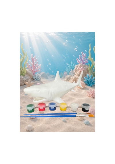 3d Megalodon Köpek Balığı 20 Cm Boyama Seti - Kendin Boya Hobi Ve Etkinlik Seti - Akrilik Boya + 2 Fırça