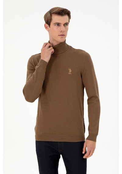 U.S. Polo Assn. Erkek Slim Fit Boğazlı Yaka Haki Melanj Basic Kazak 50288884-VR125