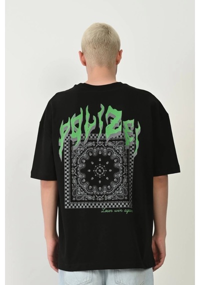 Erkek Baskılı T-shirt Kısa Kol Bisiklet Yaka Rahat Kalıp Tişört - Siyah Siyah