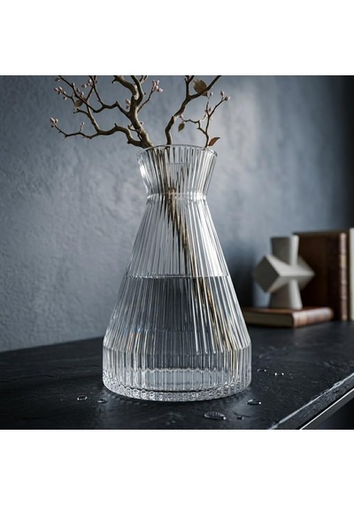 Tr Pure Model Şeffaf Cam Vazo - Optikli Çizgili Dokulu, Modern Dekoratif Çiçeklik Ve Masa Üstü Vazo 22x15 Cm Genel