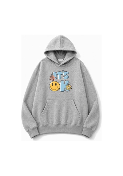 Herkesemoda İt's Ok Baskılı Kapüşonlu 2 İplik Şardonlu Sweatshirt Gri