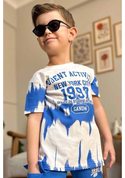 Riccotarz Erkek Çocuk New York City Ve Yazı Baskılı T-shirt Mavi Şortlu Takım Mavi