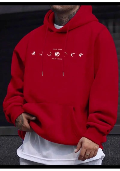 Medinenur Ayın Evreleri Baskılı Kapüşonlu Sweatshirt Kırmızı