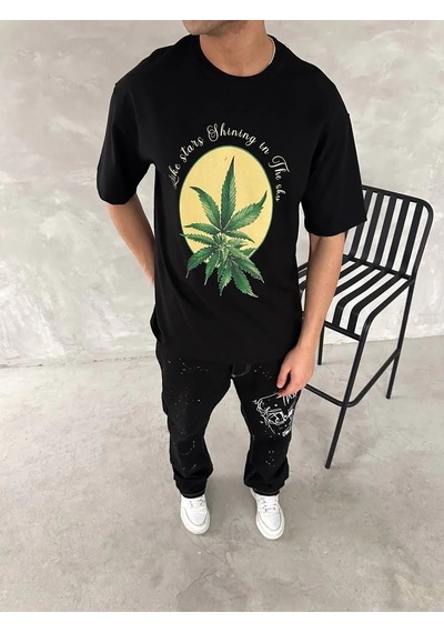 Erkek Baskılı T-shirt Kısa Kol Bisiklet Yaka Regular Fit Yazlık Tişört - Siyahsiyah Siyah
