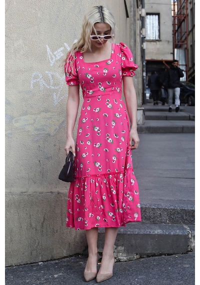 Madmext Pembe Çiçek Desenli Balon Kol Midi Elbise Mg1820-pembe