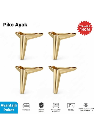 Piko 14 Cm Altın 4 Adet Koltuk Baza Tv Ünitesi Yatak Odası Konsol Çocuk Ve Genç Odası Ayağı Altın