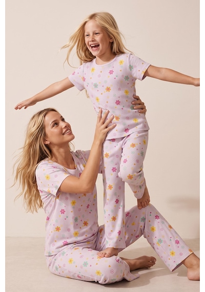 Siyah İnci Pamuklu Fitilli Kaşkorse Örme Pijama Takım 26120402 Lila Renkli Çiçek