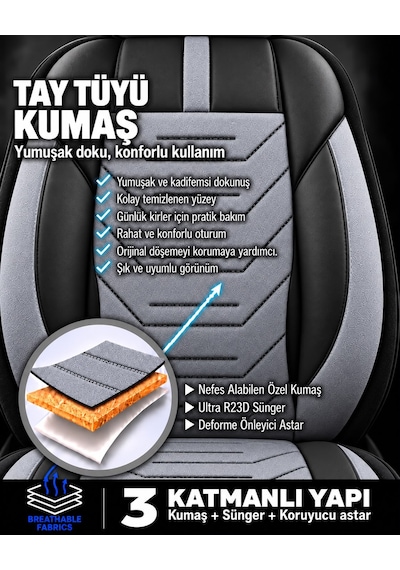 Bmw E39 Asya Monza Gri Tay Tüyü Oto Koltuk Kılıfı Tam Set-kolay Montaj-terletmez-ortopedik