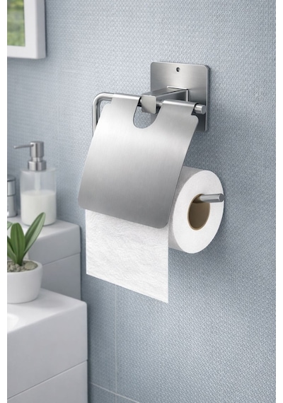 Karteya Yapışkanlı Krom Kapaklı Tuvalet Kağıdı Askısı Wc Kağıtlık Gri