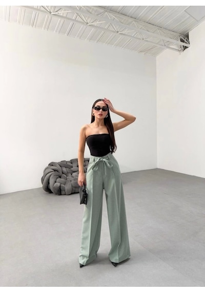 Defymoda Sante Çi Zgi Li Bel Kuşakli Palazzo Pantolon Mint