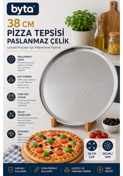 38 Cm Paslanmaz Çelik Delikli Pizza Tepsisi Yuvarlak Fırın Tepsisi Çıtır Taban Pizza Pişirme Tepsisi Gümüş