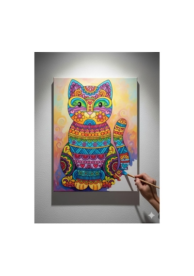 25x35 Resimli Tuval Boyama Seti- Kedi1-6 Renk Akrilik Boya Ve 2 F