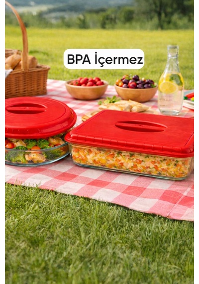Kırmızı Sızdırmaz Borcam Kapağı Yuvarlak Ve Dikdörtgen Gıda Saklama 29x38 Cm