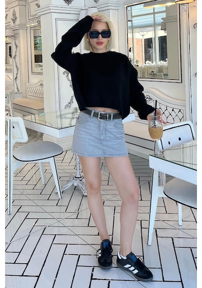 Madmext Siyah Bisiklet Yaka Crop Kadın Kazak Mg2166 Siyah