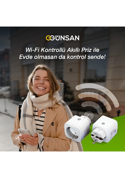 Günsan WiFi Akıllı Priz 16A | Enerji Takibi, Uzaktan Kontrol, Tuya Smart Life, Sesli Komut (Google Home & Alexa) -