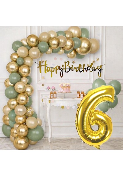 6 Yaş Pompa Hediyeli Doğum Günü Seti Gold Banner Krom Gold Küf Yeşili Kum Beji Balonlar Gold Folyo Rakam Çok Renkli