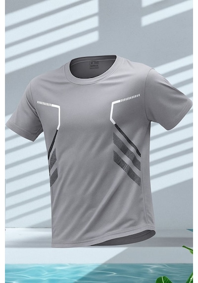 Genius Store Erkek Spor Tişört Antreman Gym Polyester Erkek Sporcu T-shirt Şeritli-tişört Gri