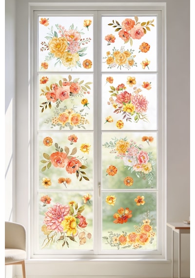 52 Parça Bahar Temalı Cam Sticker Seti Suluboya Floral Çift Taraflı Görünüm, Dekoratif Cam Sticker Dijital Baskı