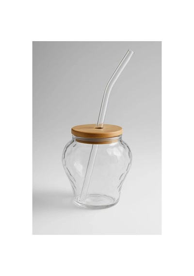 Çilek Model Borosilikat Cam Bardak, Bambu Kapaklı, 400 Ml, Pipet Hediyeli Şeffaf