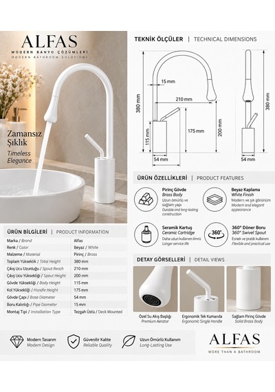 Alfas Beyaz Pirinç Banyo Lavabo Bataryası Yüksek Kuğu Boyun 360 Dömer Modern Tasarım