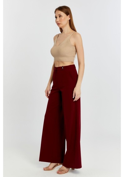 Bolivente Bordo Palazzo Geniş Paça Dokuma Kumaş Pantolon Bordo