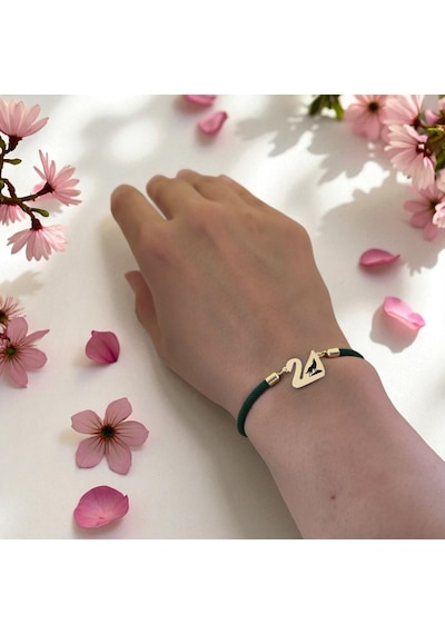 Archin Bozkurt Temalı Kuğu Kuşu Figürlü 14 Ayar Altın Plakalı Yeşil Örgülü Hediye Bileklik-607sembol Bozkurt